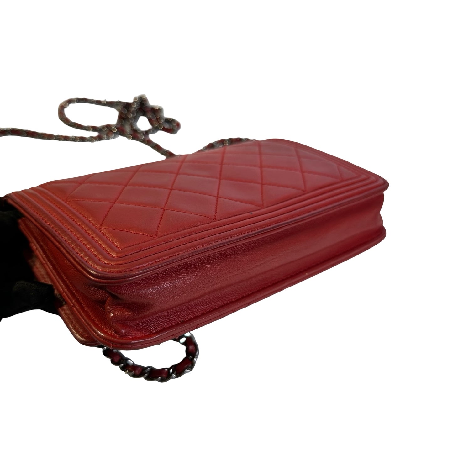 Used CHANEL Quilted Lambskin Boy Wallet on chain Red