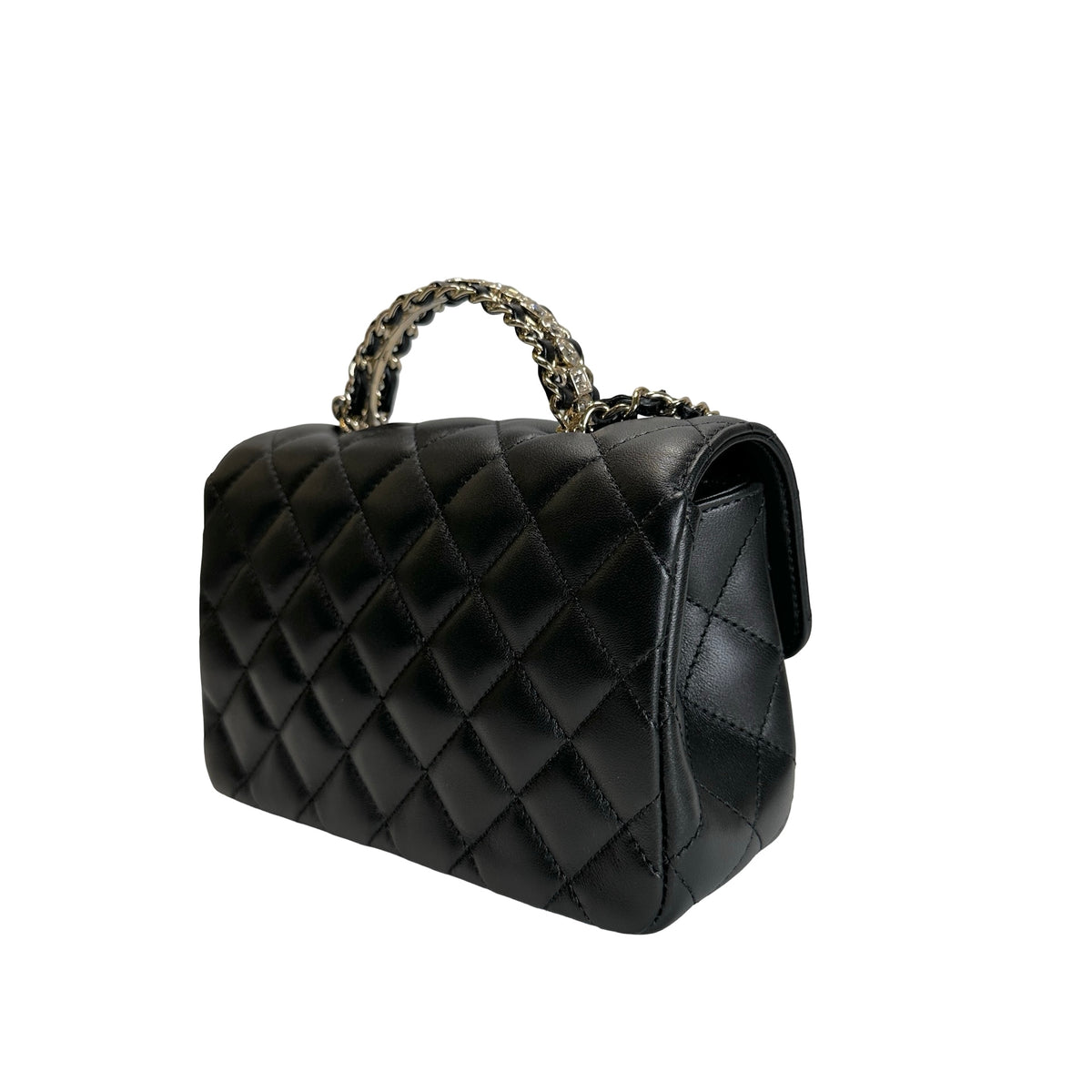Used CHANEL Quilted Leather Mini Flap Bag with Top Handle Handbag Black