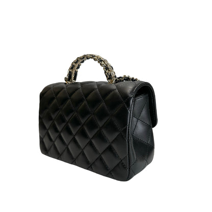 Used CHANEL Quilted Leather Mini Flap Bag with Top Handle Handbag Black