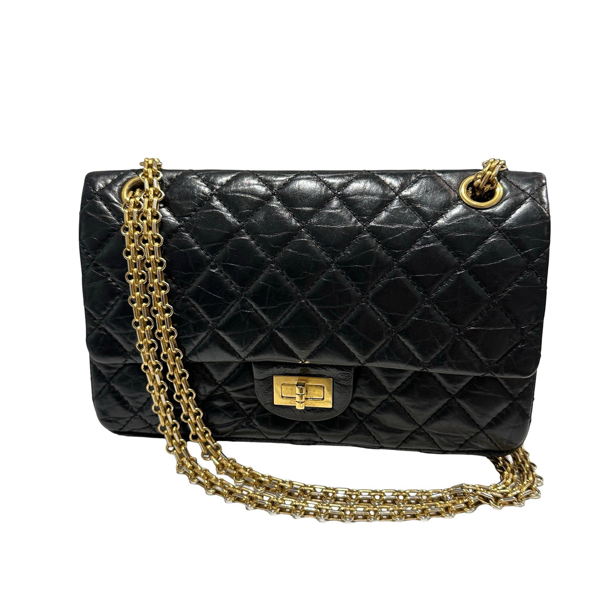 Used CHANEL Quilted Aged Calfskin 2.55 Small Chain Shoulder Bag Black Gold