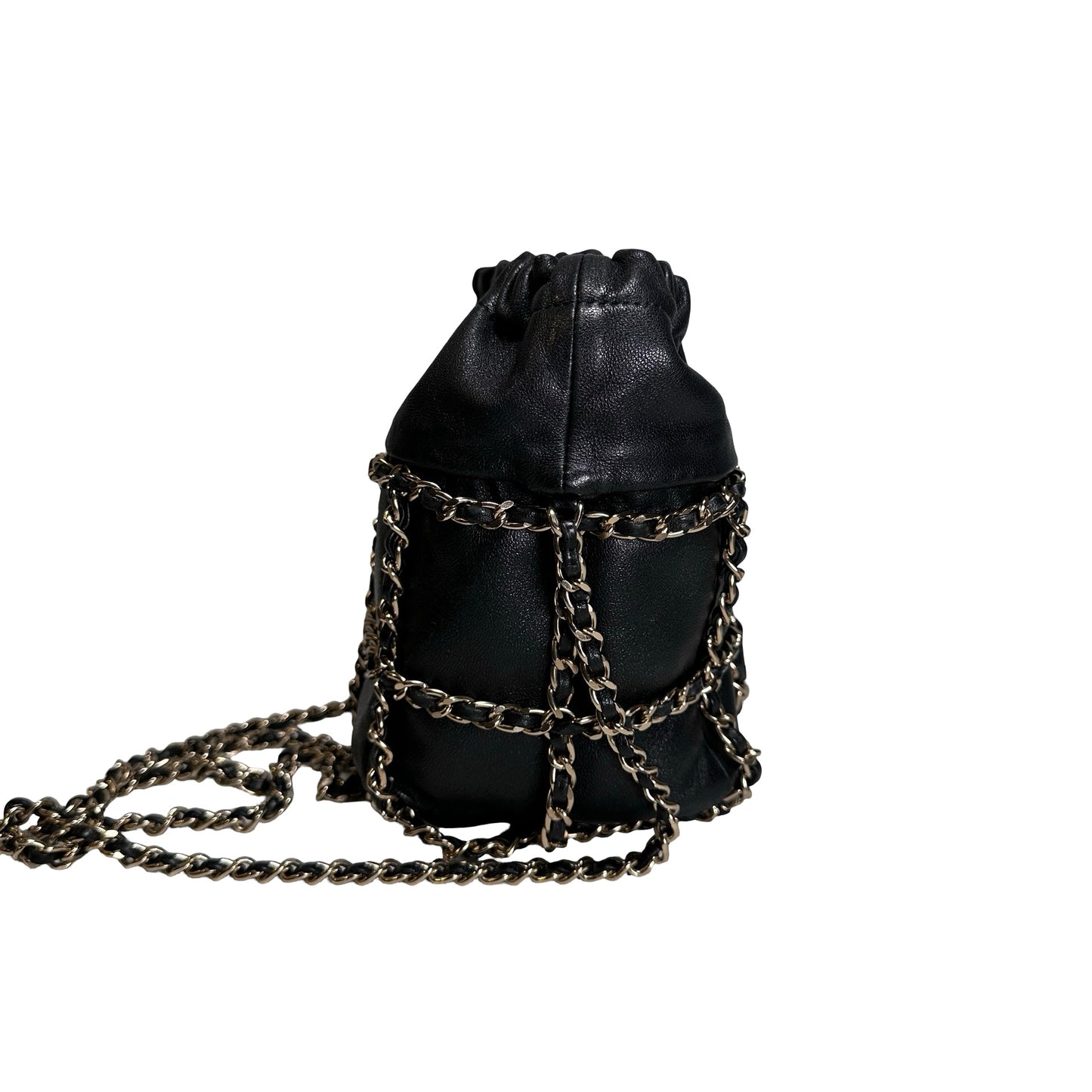 Used CHANEL Leather Drawstring Bag Drawstring Bag Black GHW