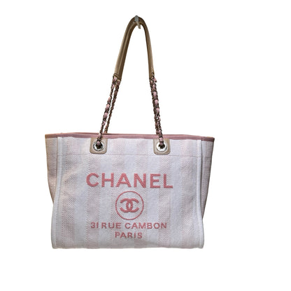 Used CHANEL Canvas Deauville Tote Shoulder Bag Pink GHW