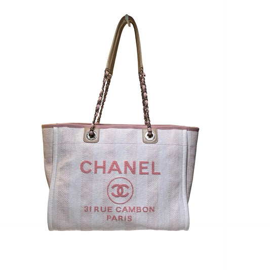 Used CHANEL Canvas Deauville Tote Shoulder Bag Pink GHW