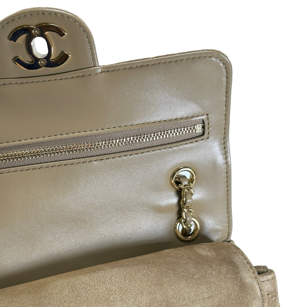 Brand New CHANEL Suede Classic Flap Shoulder Bag Beige GHW