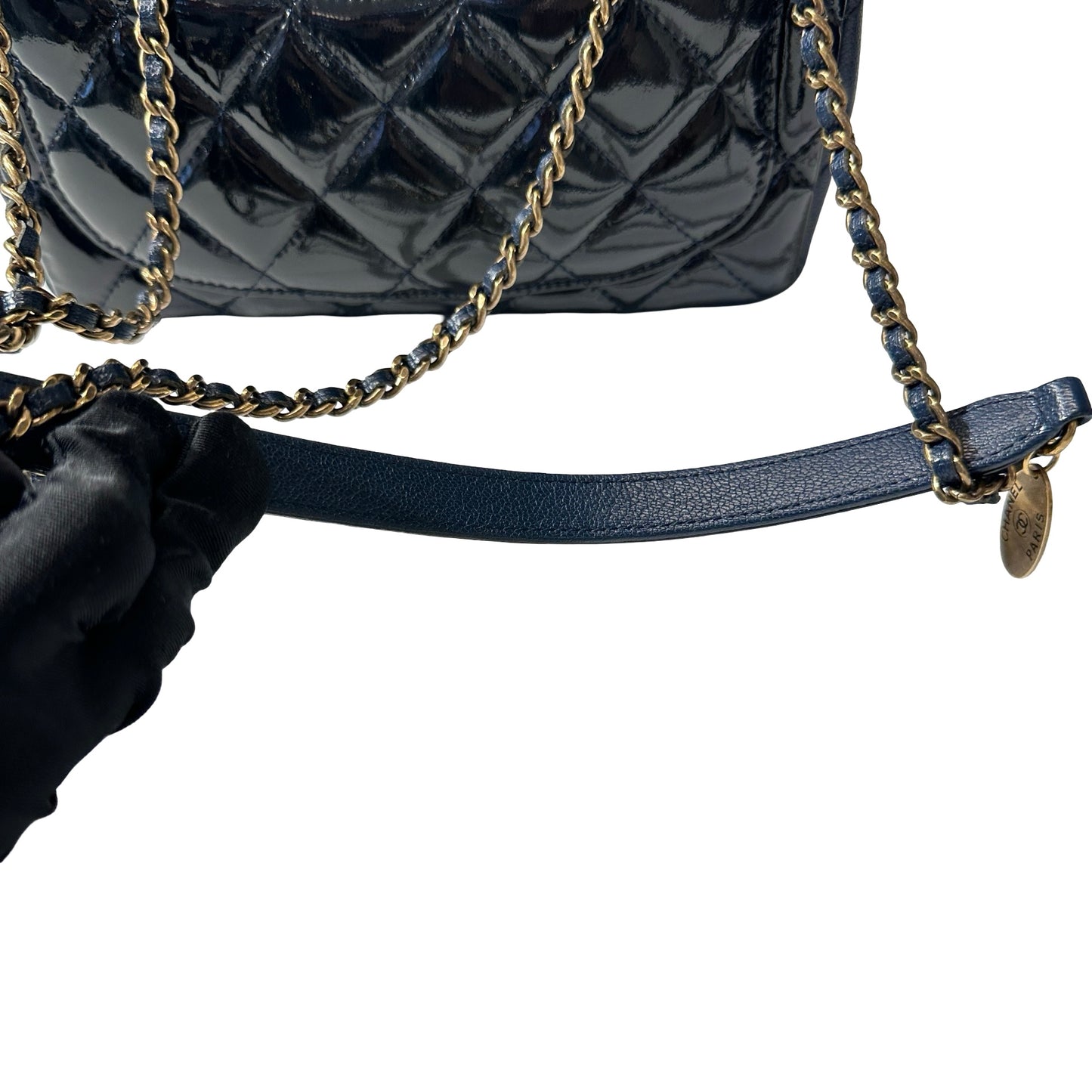 Used CHANEL Patent Leather MINI FLAP 20 CM Chain Shoulder Bag Navy Blue GHW
