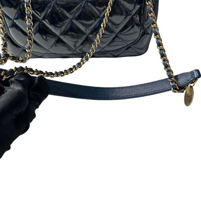 Used CHANEL Patent Leather MINI FLAP 20 CM Chain Shoulder Bag Navy Blue GHW