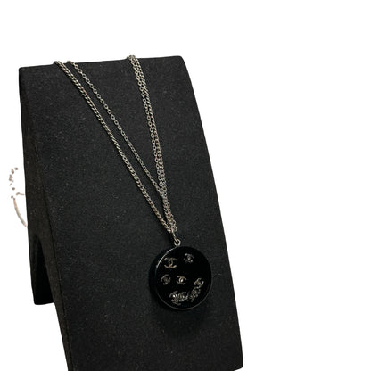 Used CHANEL Black Round Pendant Necklace with Silver CC Logos Necklace Black Silver