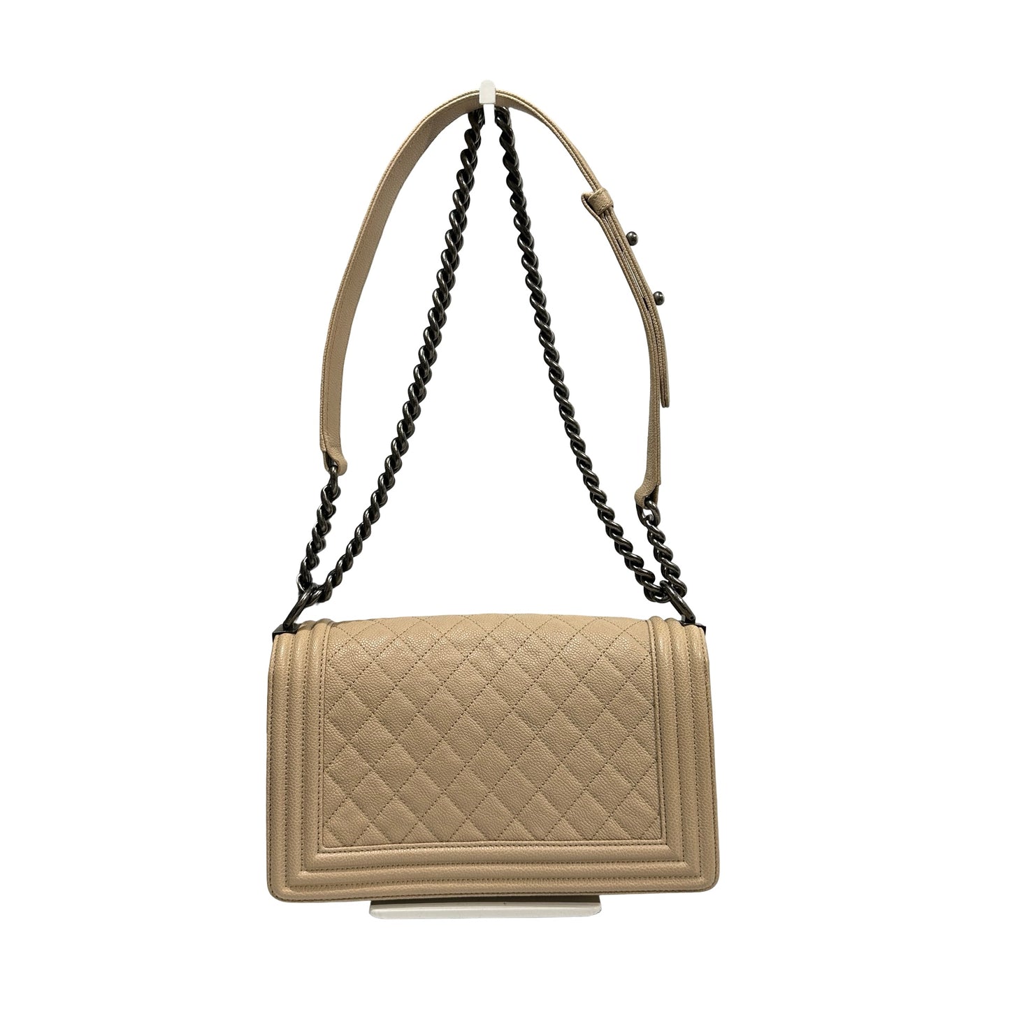 Used Chanel Caviar Leather Boy 25 Shoulder Bag Beige PHW