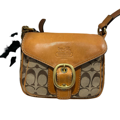 Used COACH Signature Canvas Leather Signature Canvas Flap Bag Crossbody Bag Brown Beige