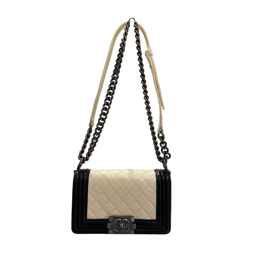 Used CHANEL Lambskin Leather Boy 20cm Shoulder Bag Black White