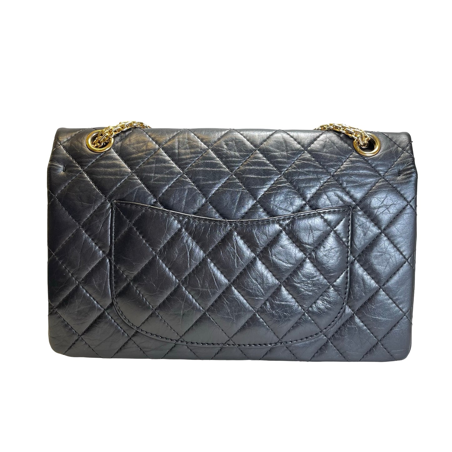 Used CHANEL Calfskin 2.55 Medium 28 Chain Shoulder Bag Black Gold