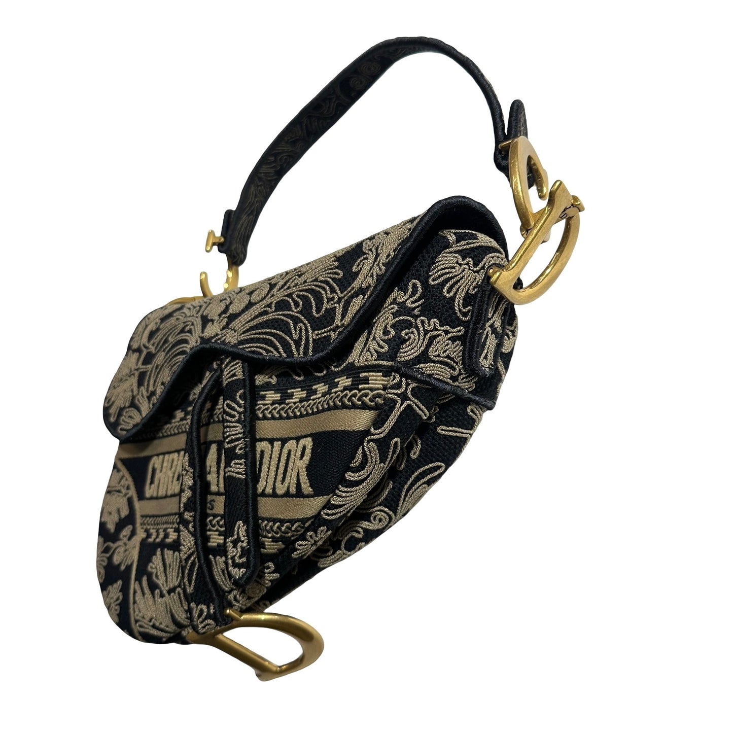 Used DIOR Embroidered Canvas Floral Stripes Saddle Saddle Bag Black Beige GHW