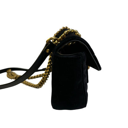 Used GUCCI Chevron Velvet GG Marmont Shoulder Bag Black