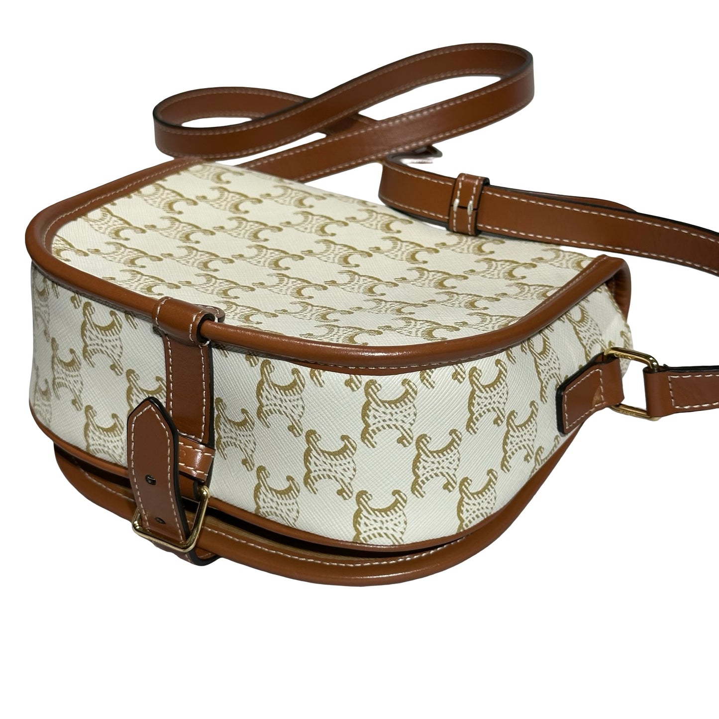 Used CÉLINE Canvas Folco Medium Cross Body Bag White Brown GHW