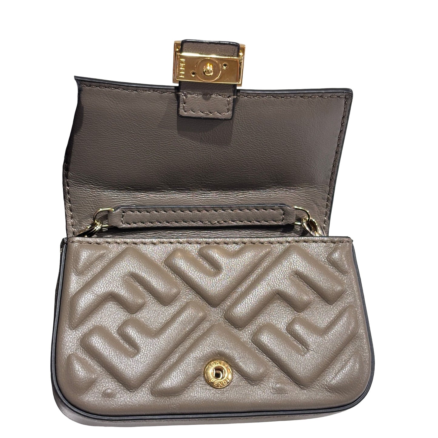 Used FENDI FF Leather Baguette Mini Bag Grey Gold