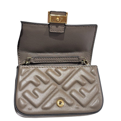Used FENDI FF Leather Baguette Mini Bag Grey Gold