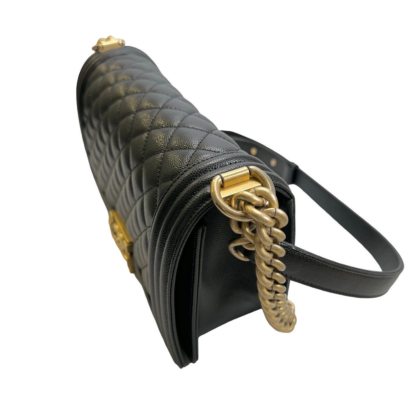 Used CHANEL Quilted Caviar Leather Le Boy Shoulder Bag Black Gold Hardware