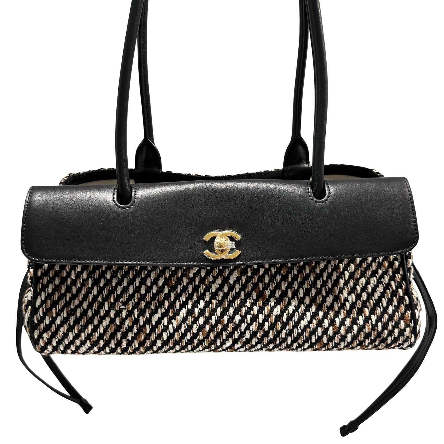 Used CHANEL Tweed Leather Suede Tweed and Leather CC Shoulder Bag Shoulder Bag Black Brown White