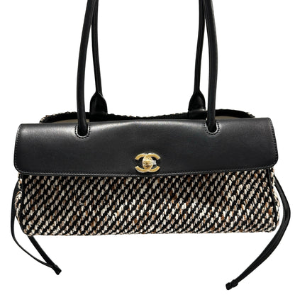 Used CHANEL Tweed Leather Suede Tweed and Leather CC Shoulder Bag Shoulder Bag Black Brown White