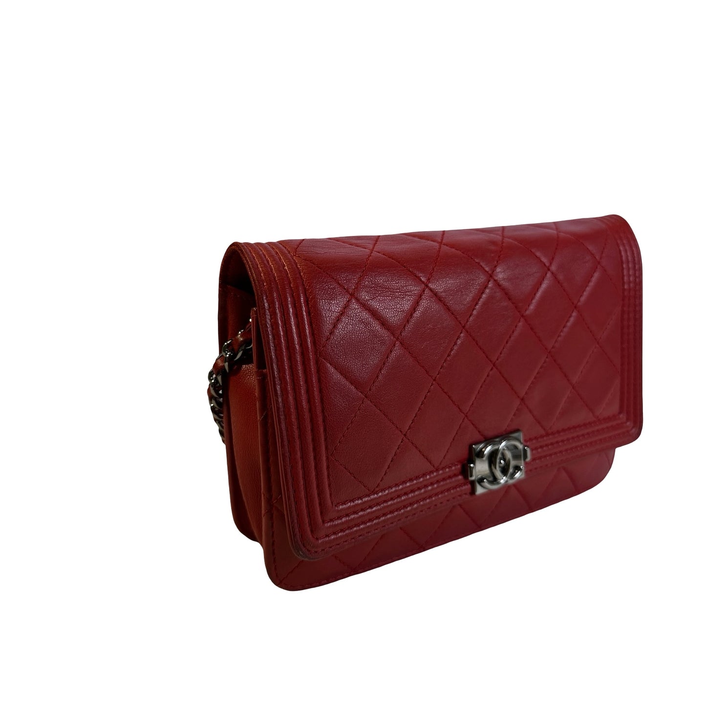 Used CHANEL Quilted Lambskin Boy Wallet on chain Red