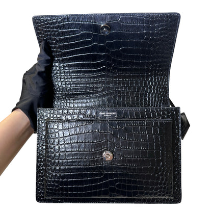 SAINT LAURENT Crocodile Embossed Leather Sunset Chain Shoulder Bag Black PHW