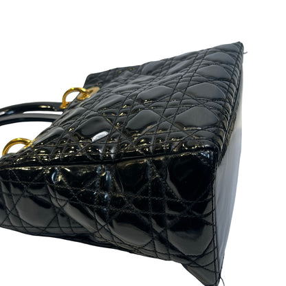 Used DIOR Cannage Patent Leather Lady Dior Handbag Black Gold