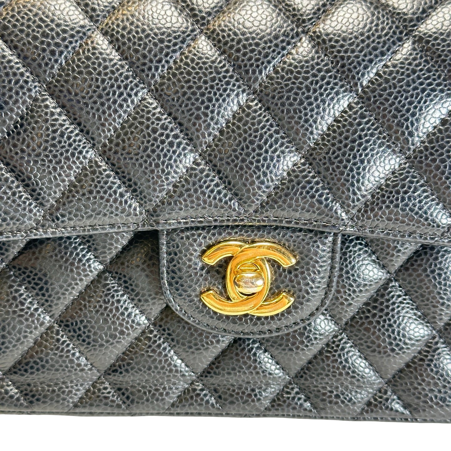 Used CHANEL Quilted Caviar Classic Flap Shoulder Bag Black Gold
