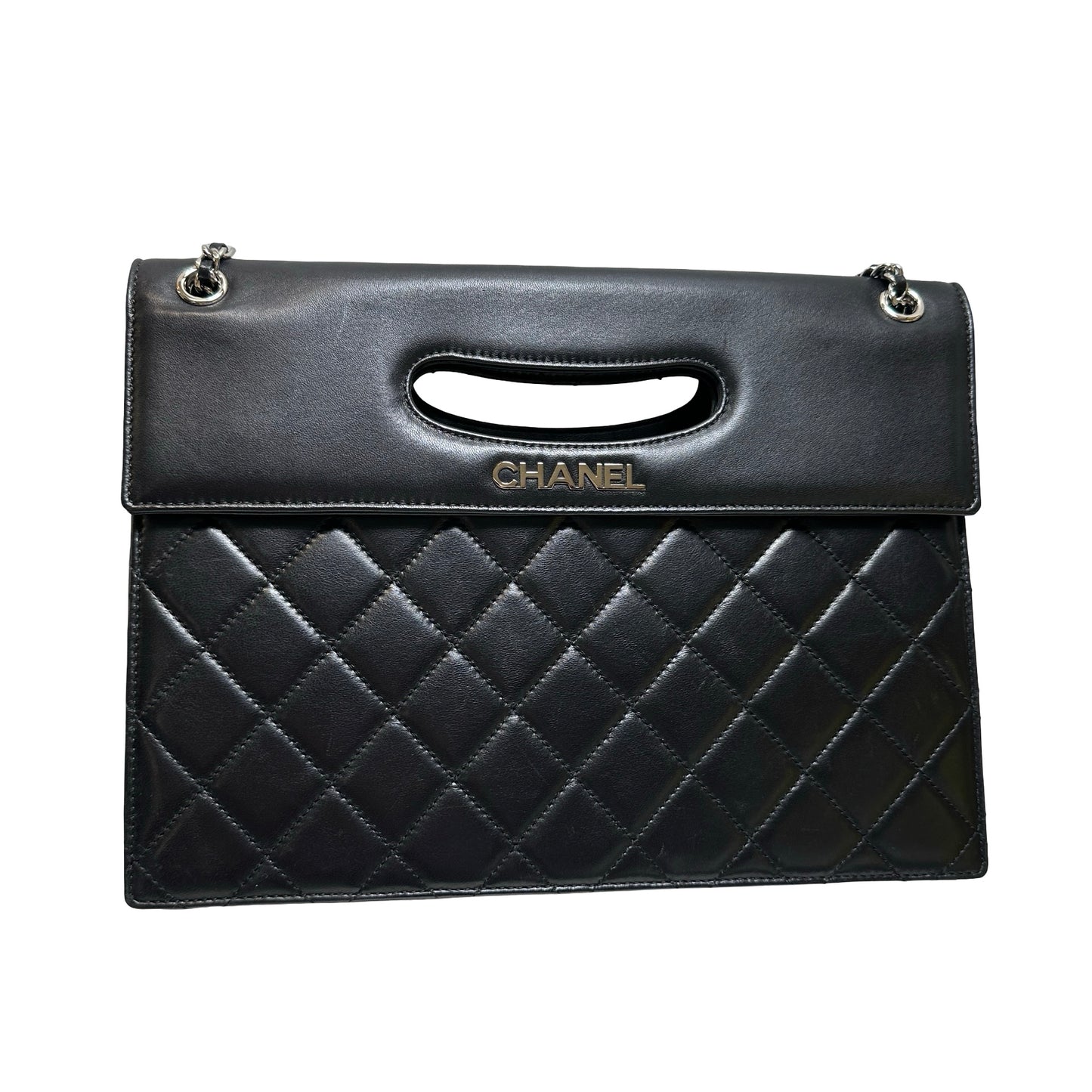 Used CHANEL Quilted Leather Quilted Top Handle Flap Bag Handbag Black Silver