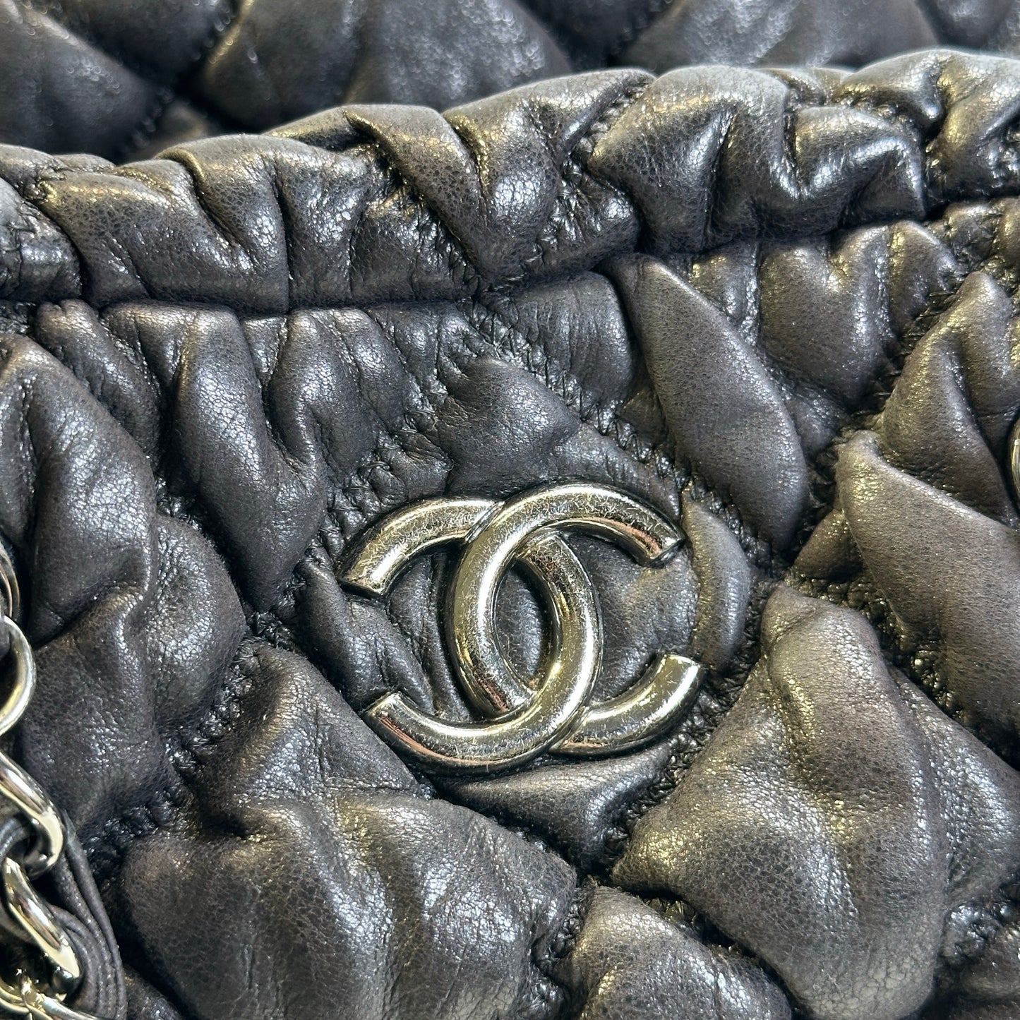 Used CHANEL Quilted Leather Bubble Quilted Bowler Bag Handbag Black Silver hardware