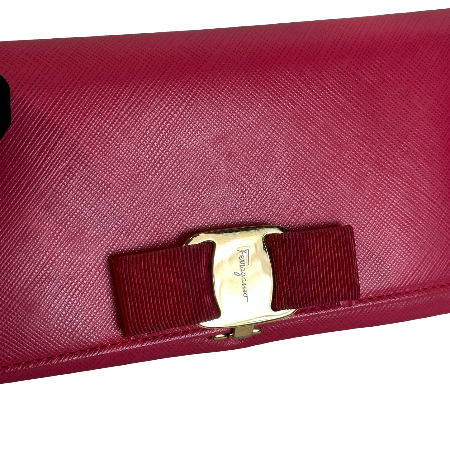 Used SALVATORE FERRAGAMO Saffiano Leather Vara Bow Flap Wallet Long wallet Pink