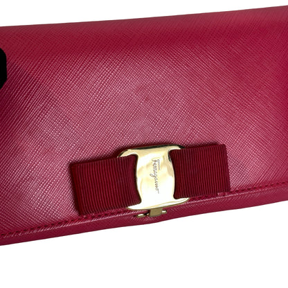 Used SALVATORE FERRAGAMO Saffiano Leather Vara Bow Flap Wallet Long wallet Pink