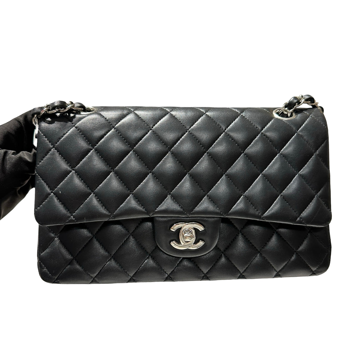 Used CHANEL Quilted Lambskin Classic Flap Chain Shoulder Bag Black Silver