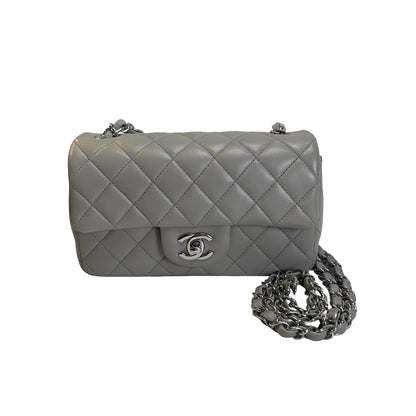 Used CHANEL Quilted Lambskin Mini Rectangular Flap Bag Shoulder Bag Grey Silver Hardware