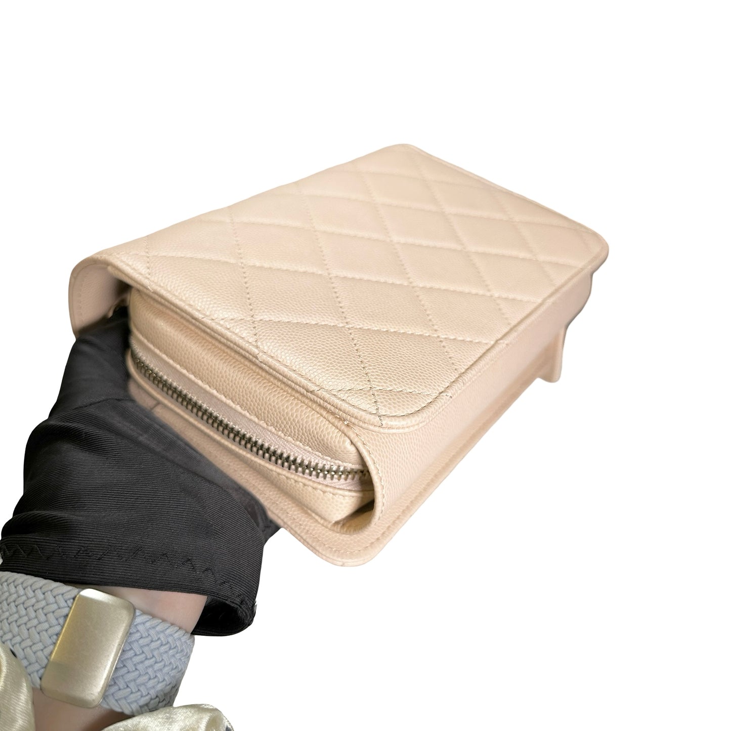 Used CHANEL Quilted Caviar Flap Bag Chain Shoulder Bag Beige