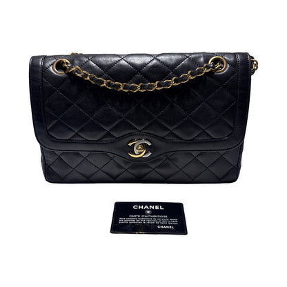 Used CHANEL Lambskin Leather Vintage Paris Double Flap Medium Chain Shoulder Bag Black GHW
