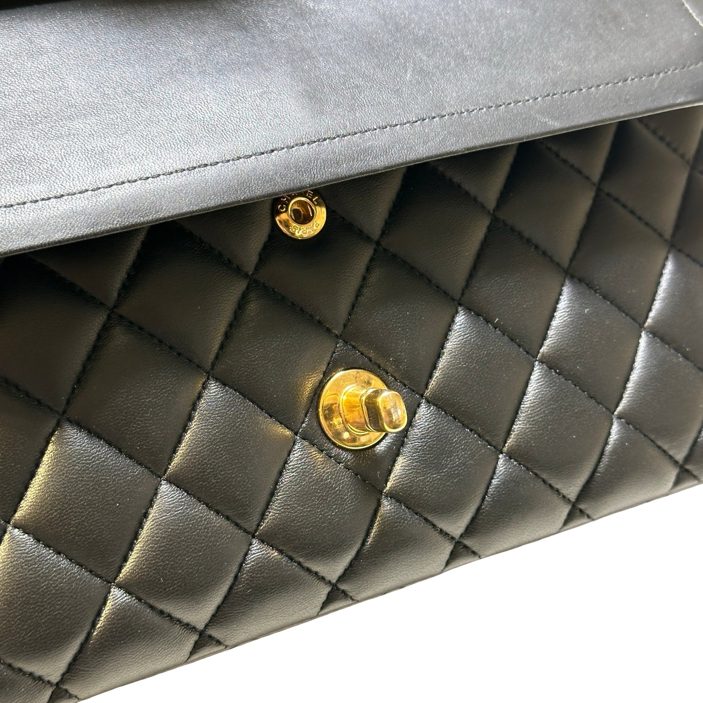 Used CHANEL Quilted Lambskin Classic Flap Chain Shoulder Bag Black Gold