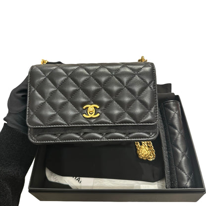 Used CHANEL WOC with Camellia Chain Shoulder Bag Black GHW