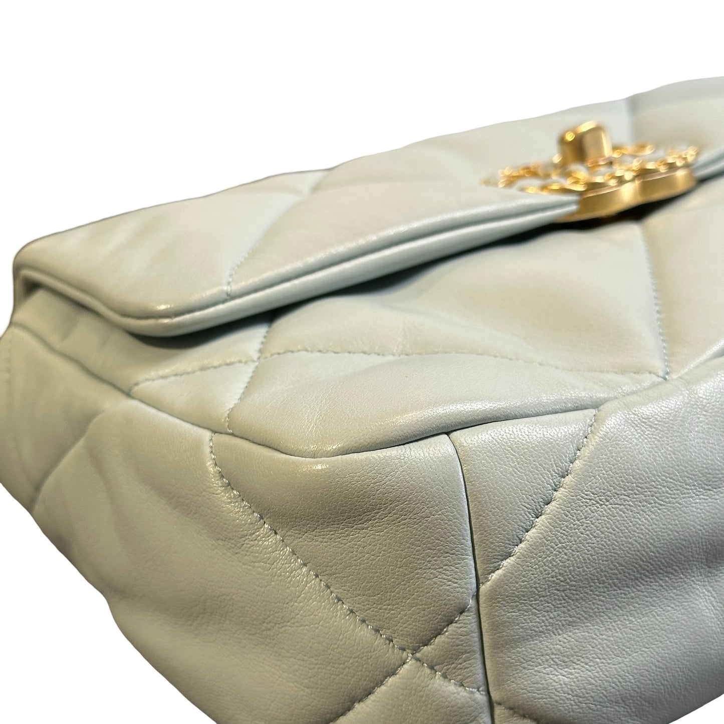 Used CHANEL Lambskin Quilted Chanel 19 Chain Shoulder Bag Light Blue Gold