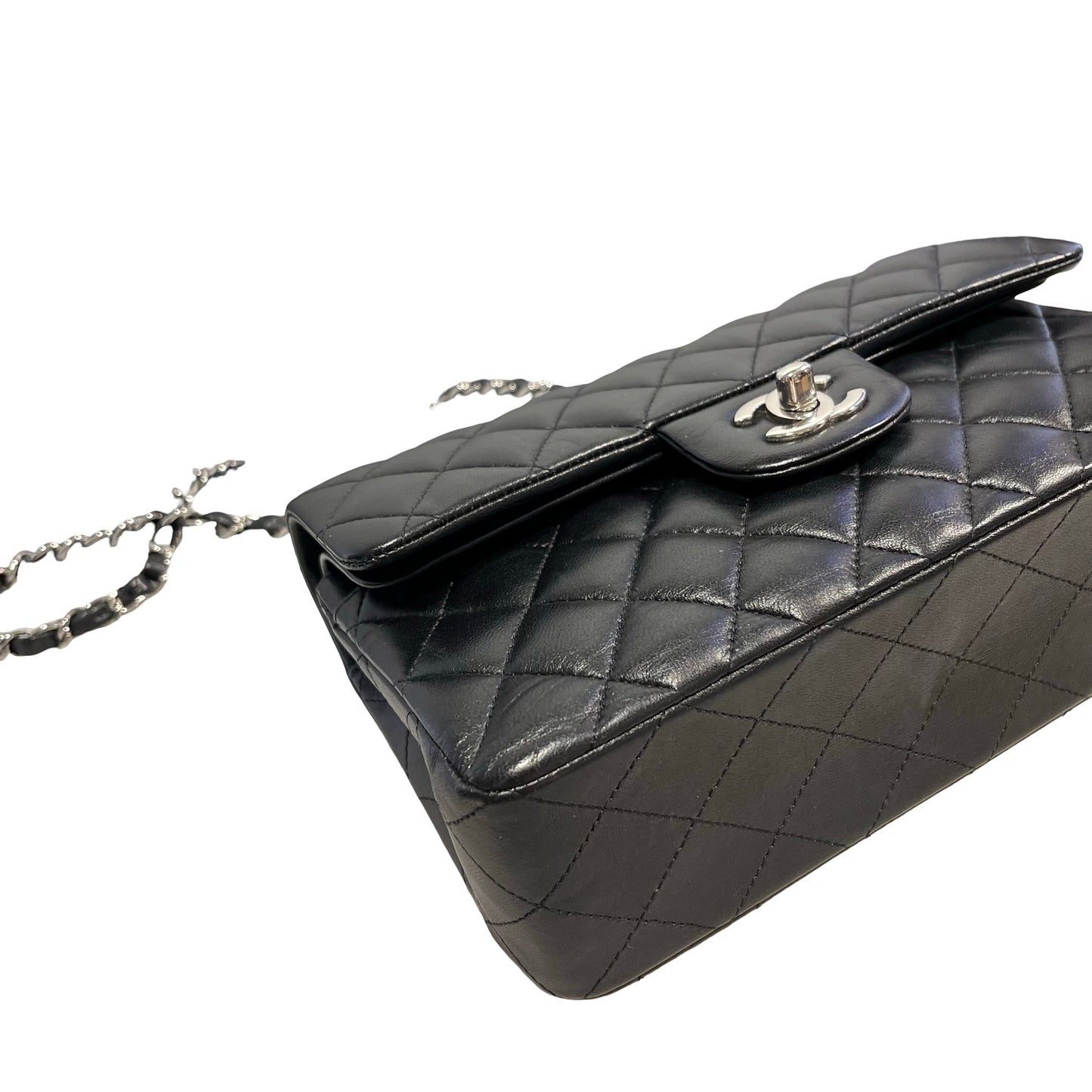 Used CHANEL Quilted Lambskin Classic Flap Chain shoulder bag Black Silver hardware