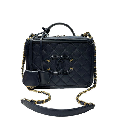 Used CHANEL Calfskin Leather Chanel Vanity Case Vanity Case Navy GHW