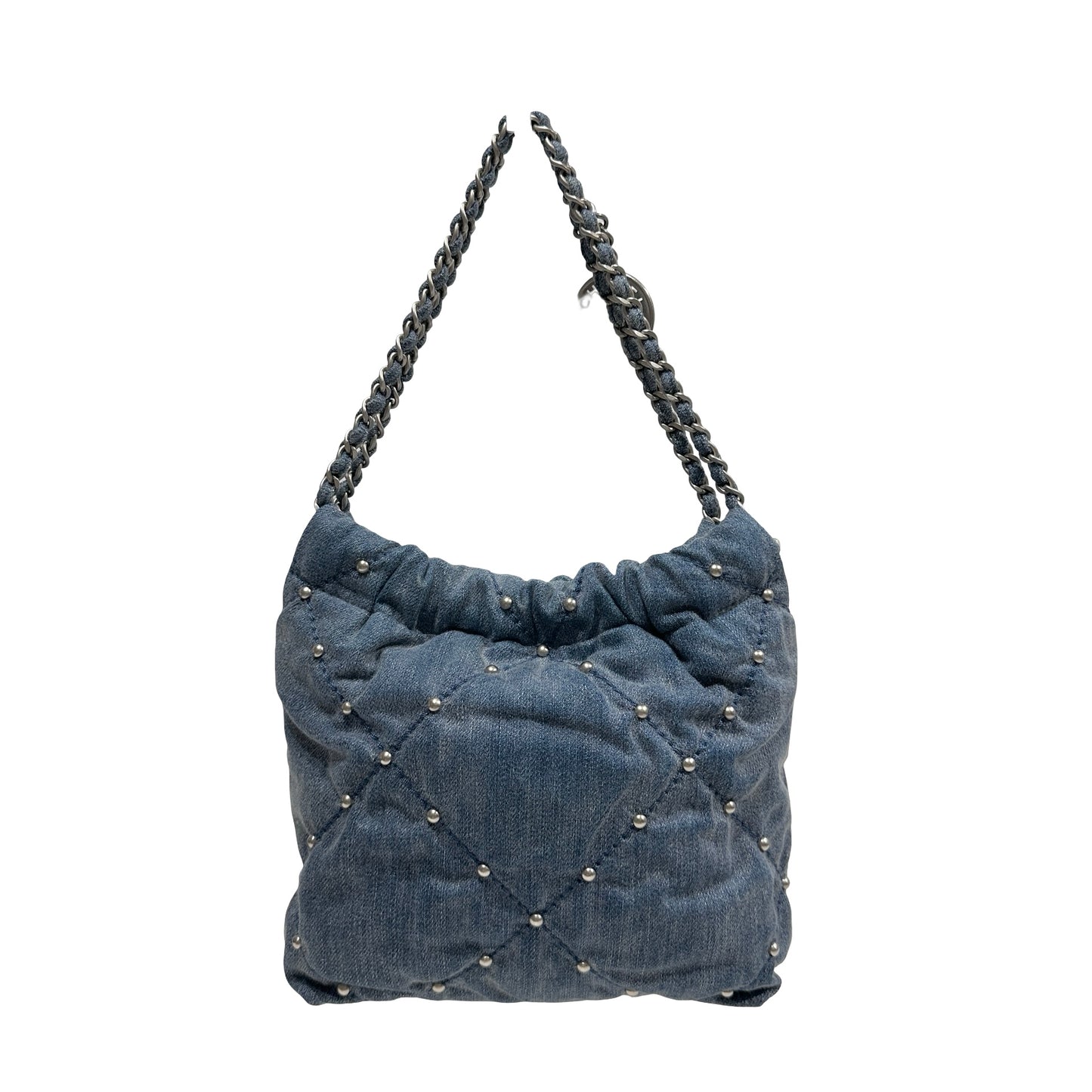 Used CHANEL Denim Quilted Studded Chanel 22 Mini Bag Blue Silver