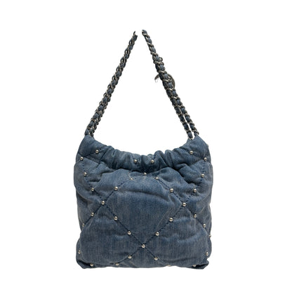 Used CHANEL Denim Quilted Studded Chanel 22 Mini Bag Blue Silver