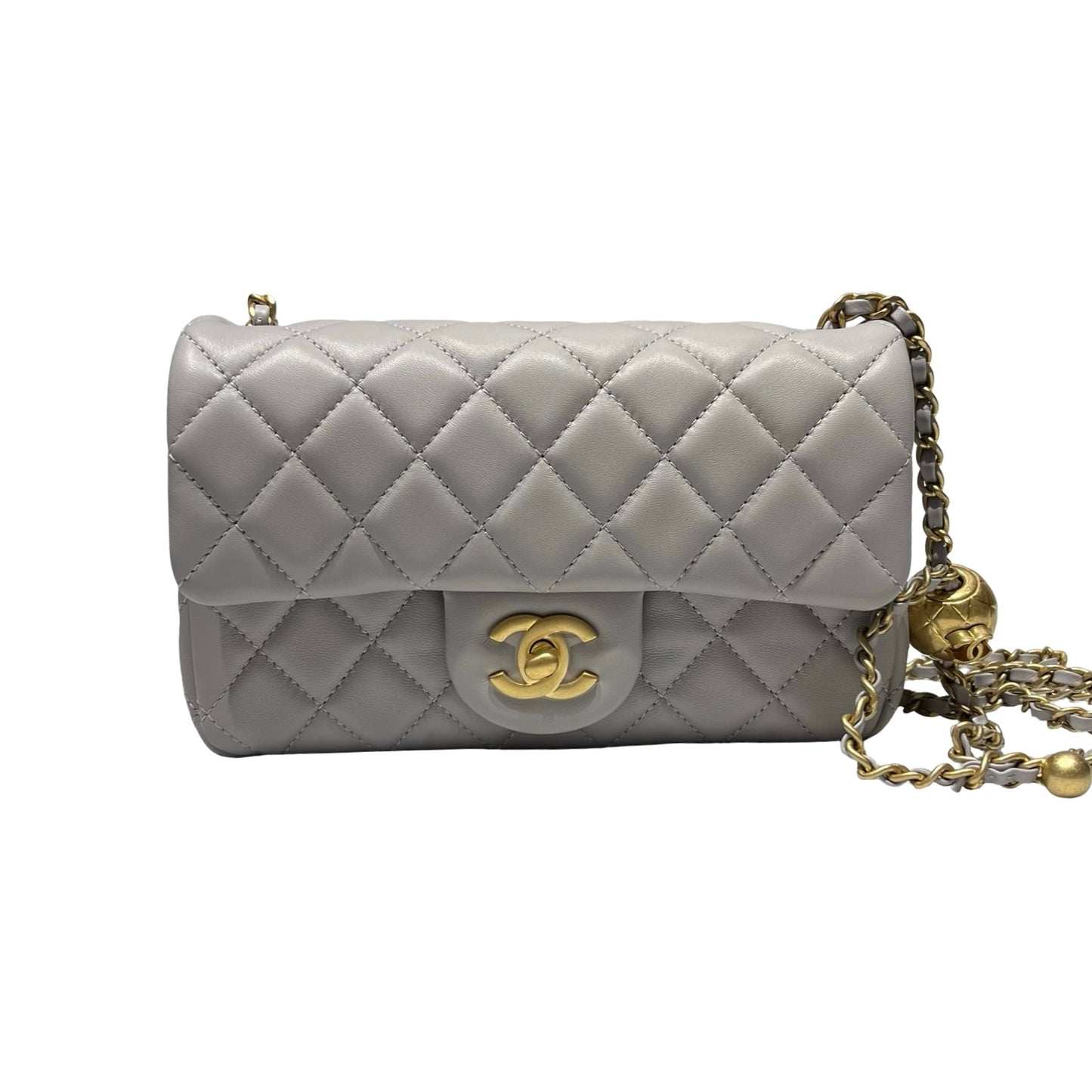 Unused CHANEL Lambskin Leather Mini Flap with Gold Ball Cross Body Bag Grey GHW