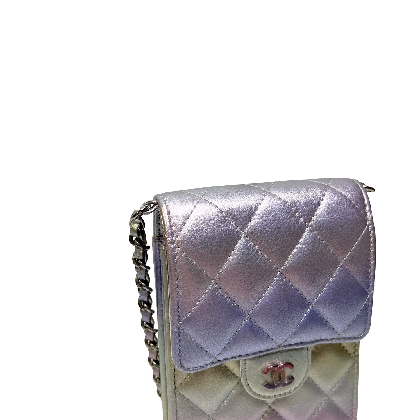 Used CHANEL Quilted Metallic Quilted Phone Bag Phone Bag Ombre Silver Gold Purple