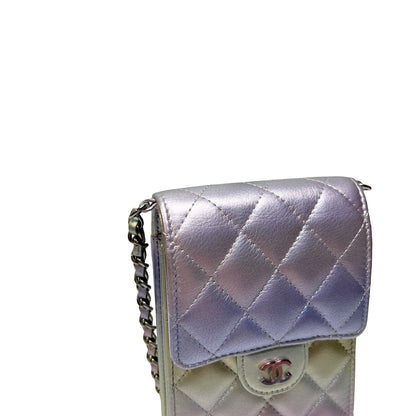 Used CHANEL Quilted Metallic Quilted Phone Bag Phone Bag Ombre Silver Gold Purple