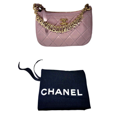 Used CHANEL Lambskin Leather 24P Charms Hobo Bag metallic pink GHW
