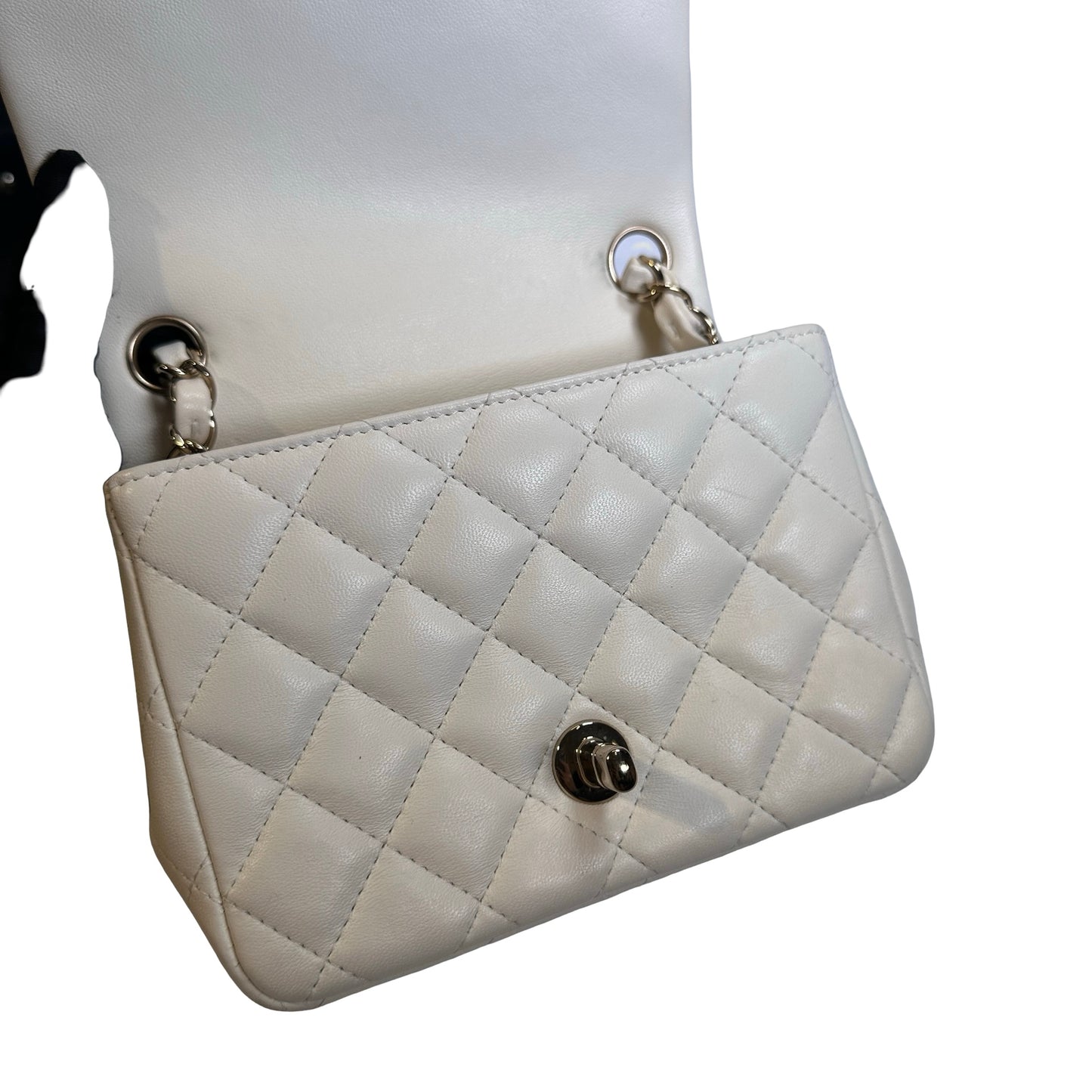 Used CHANEL Quilted Lambskin Classic Mini Rectangular Flap Bag Chain Shoulder Bag White GHW