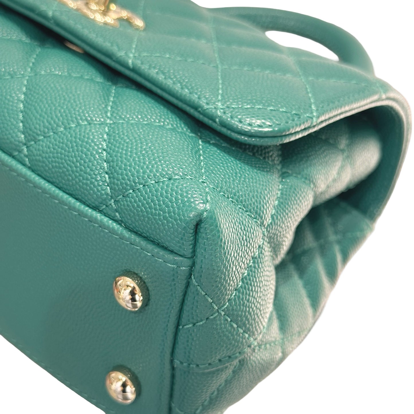 Used CHANEL Calfskin Leather Mini coco handle Two Way Shoulder Bag Green GHW