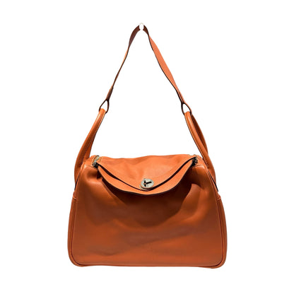 Used HERMÈS Calfskin Leather Lindy 30 Shoulder Bag Orange PHW