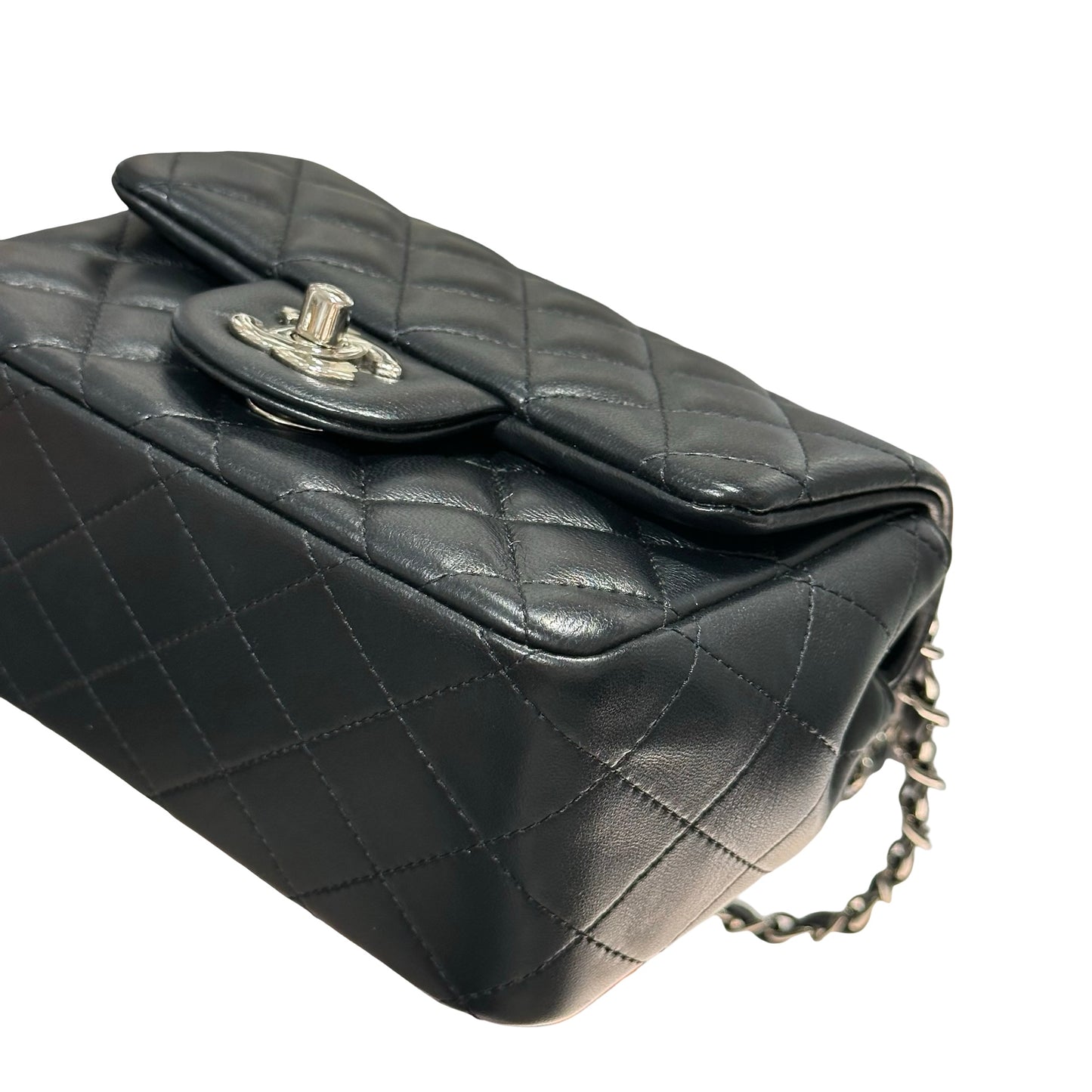 Used CHANEL Lambskin Leather Mini flap 17cm Cross Body Bag Black PHW